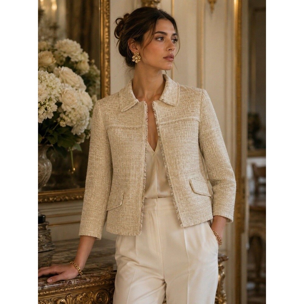 Oscar de la Renta Tweed Jacket Saks Fifth Avenue Beige Gold Shimmer Fringe Sz 10